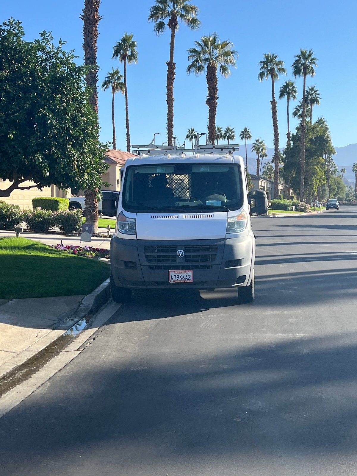 White Ram ProMaster cargo van parked on a street, front view showing the grille and headlights
